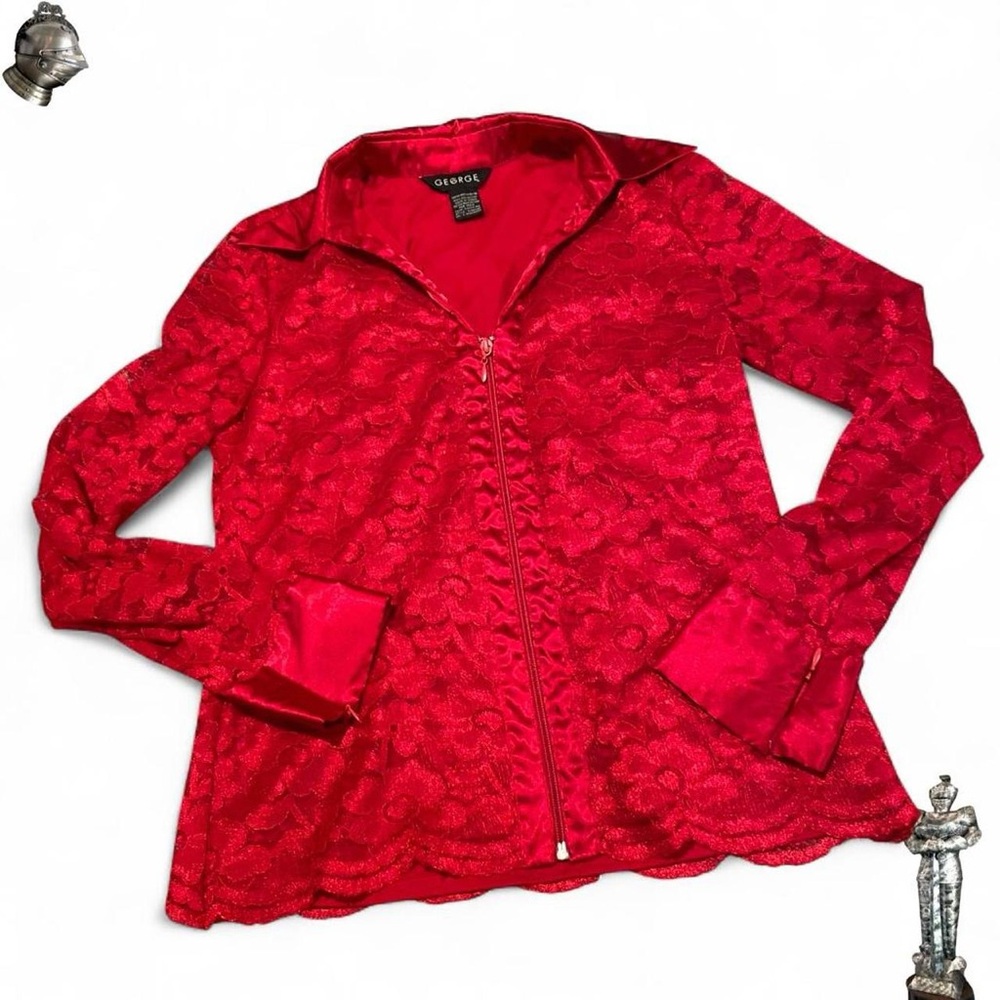 George romantic vintage red lace zip up blouse with scalloped hem
